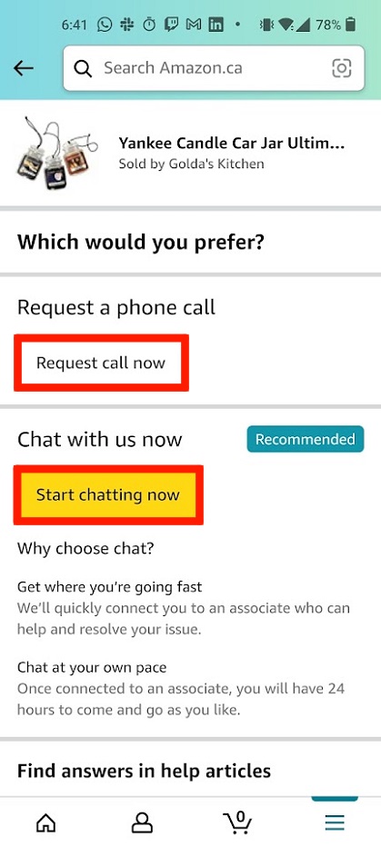 either request call now or start chatting now on mobile