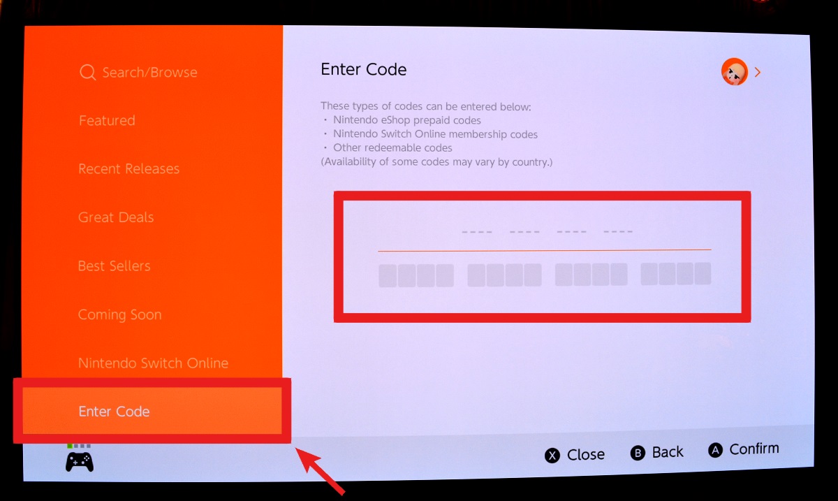 entering codes on Nintendo Switch