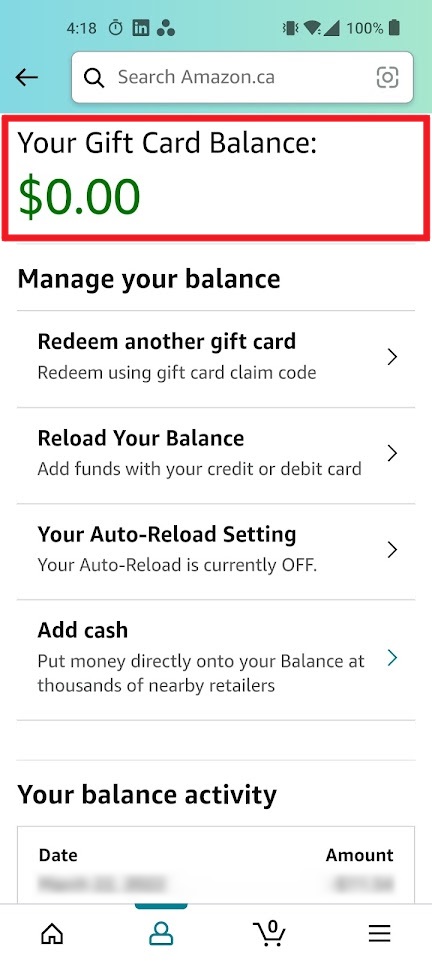 gift card balance on android app