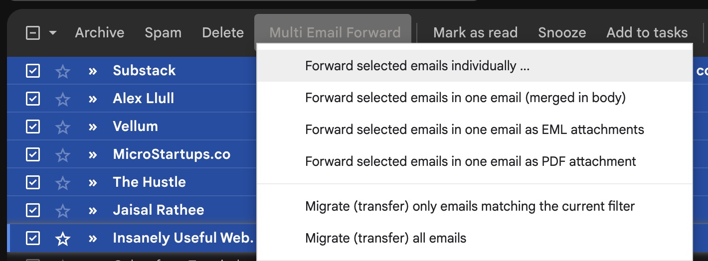 gmail multi email forward options