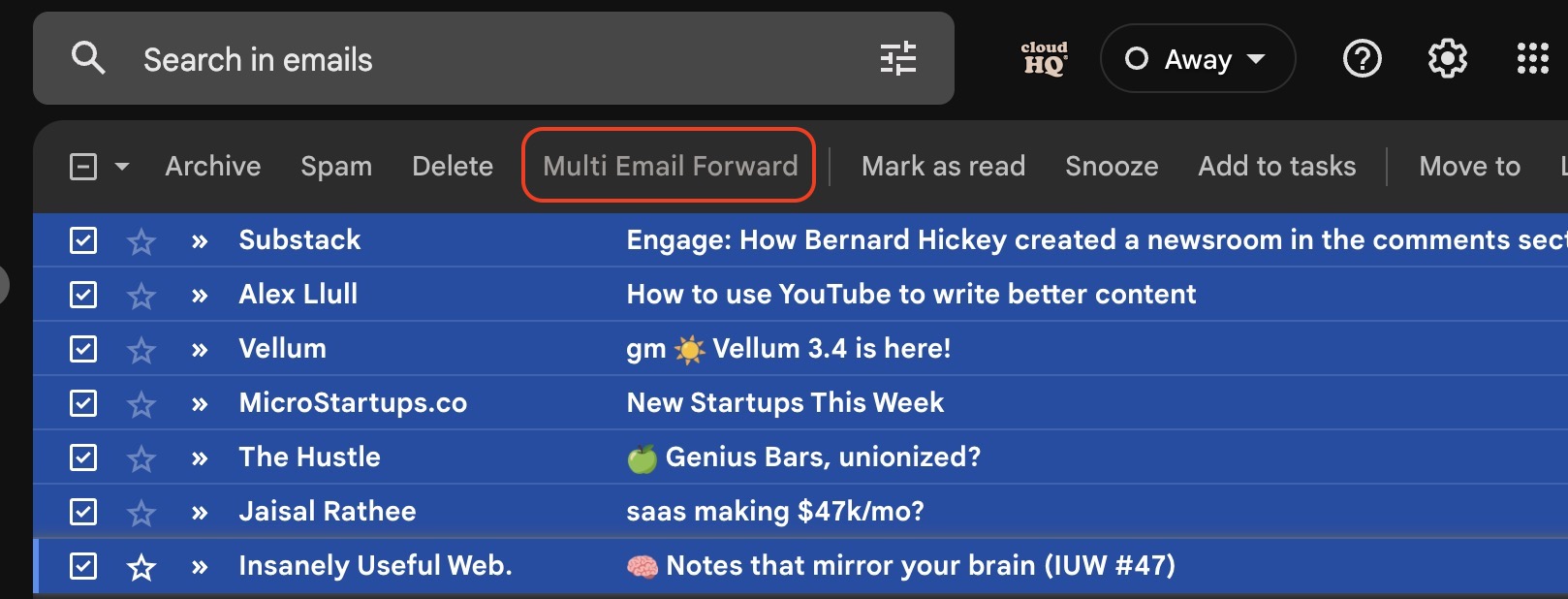gmail multi email forward select emails