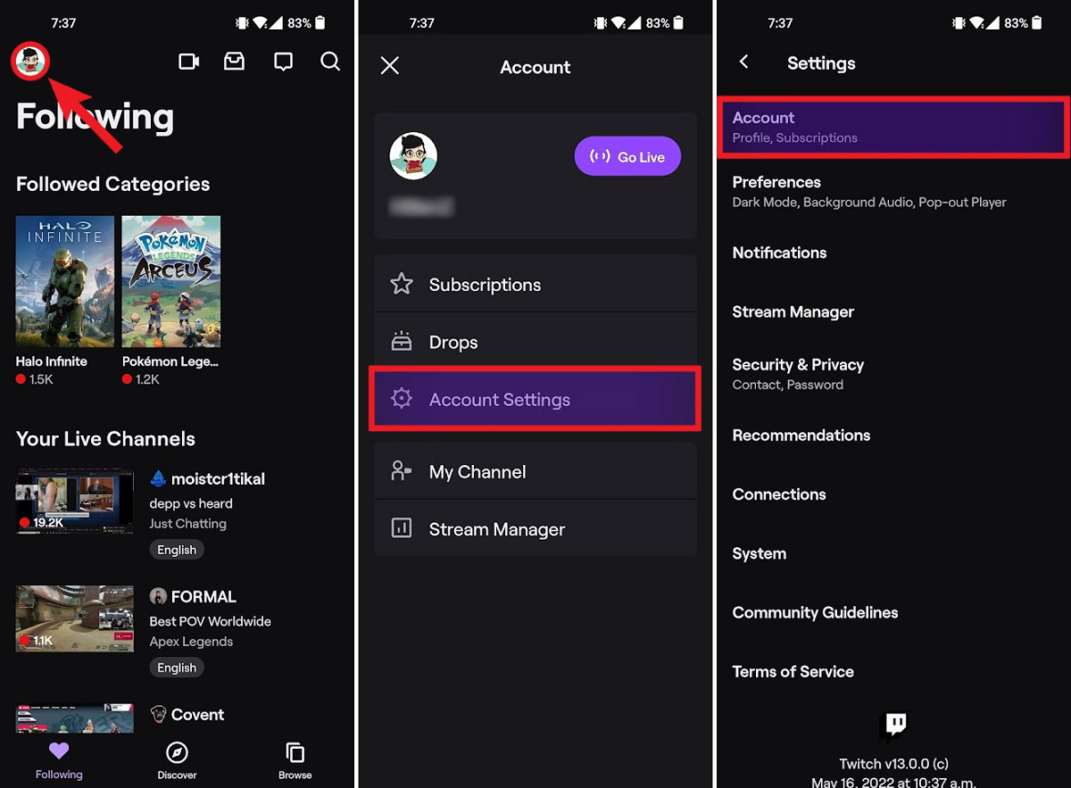 go to account settings within the twitch mobile application for Android and iOS