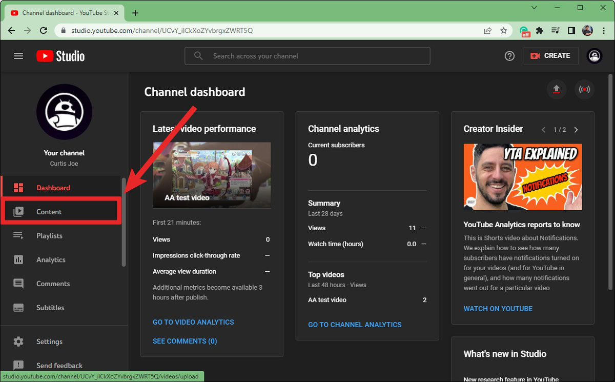 go to youtube studio content tab