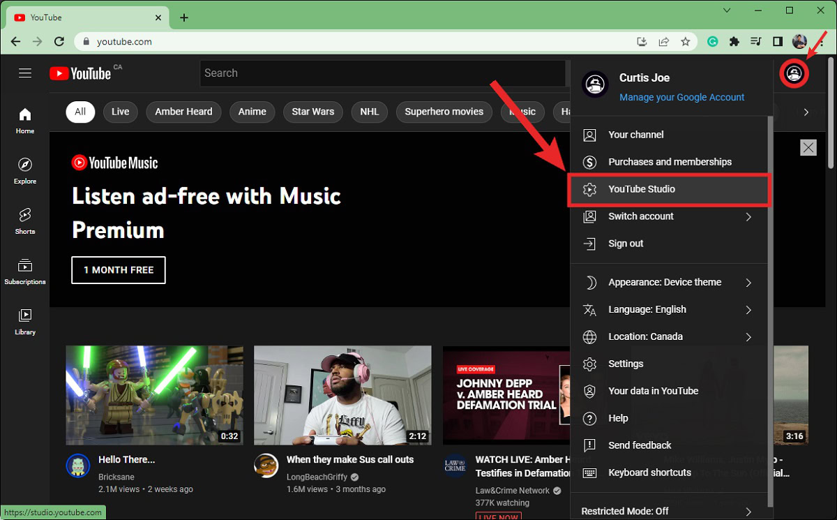 go to youtube studio from youtube home screen 