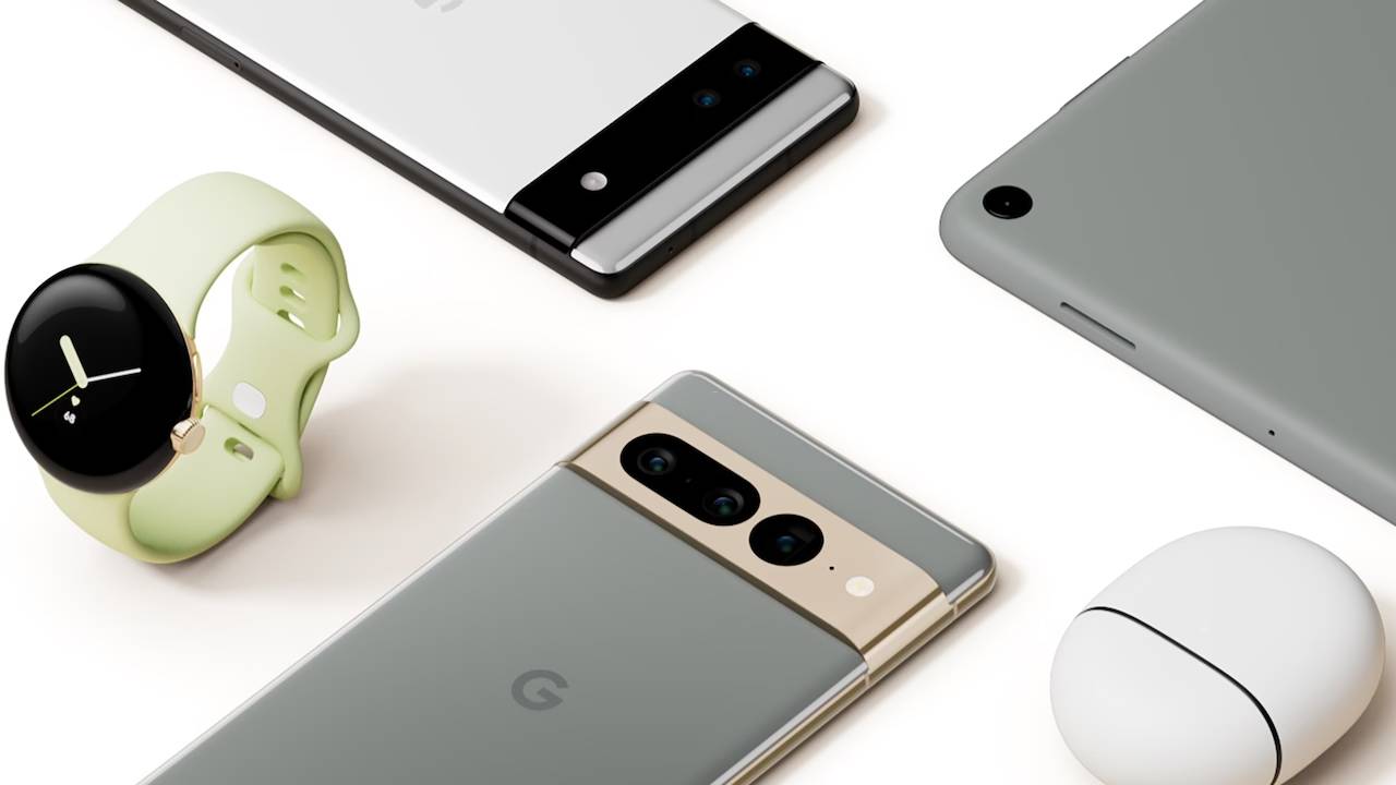 Google Pixel ecosystem with Pixel 7, Pixel Watch, Pixel Buds Pro and Pixel tablet in gray and green