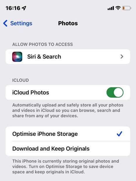 ios settings icloud photos options clear storage
