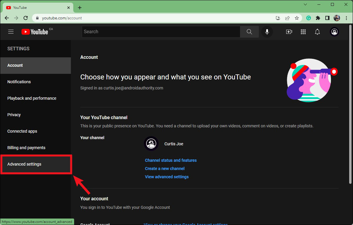 locate and visit advanced settings in youtube