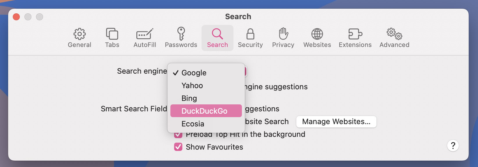 macos safari search choose