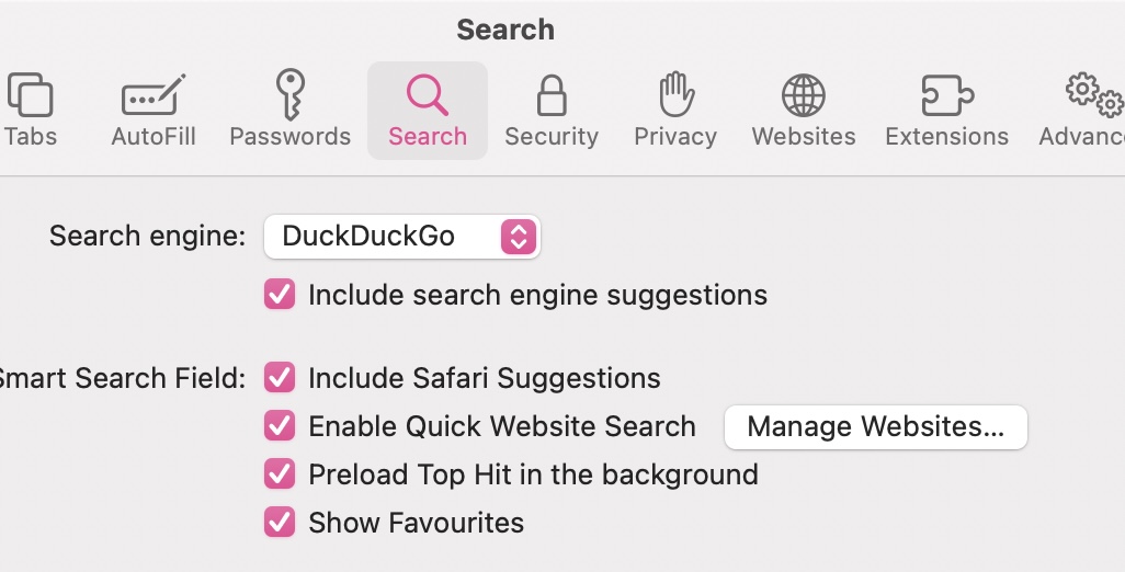 macos safari default search options