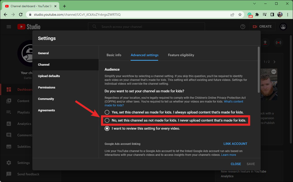 no set this channel as not made for kids youtube studio settings