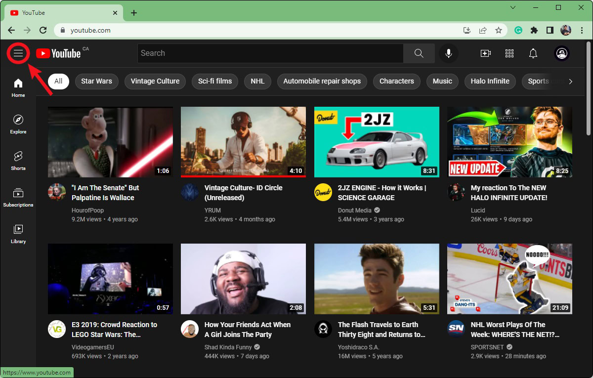 open the menu on youtube with the three line button