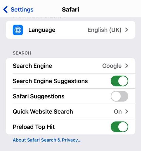 safari ios default search