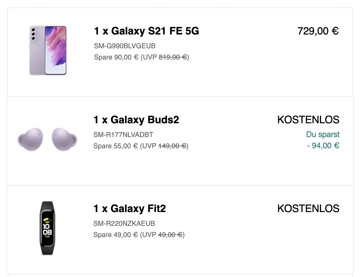 Ücretsiz olarak paketlenmiş Galaxy Buds2 ve Galaxy Fit2 ile Galaxy S21 FE'yi gösteren samsung paket ekran görüntüsü