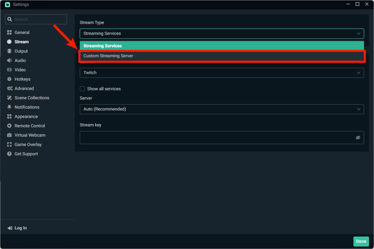 select Custom Streaming Server