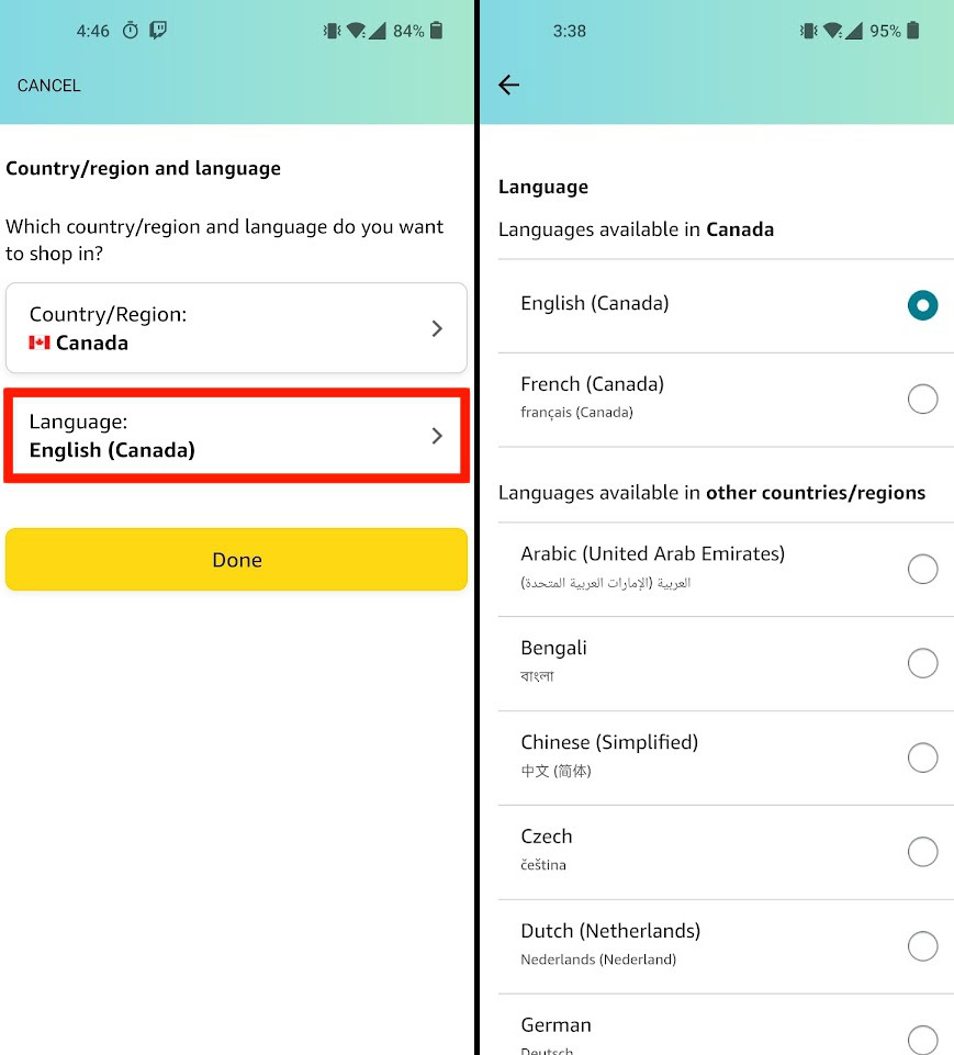 select new langauge amazon mobile app