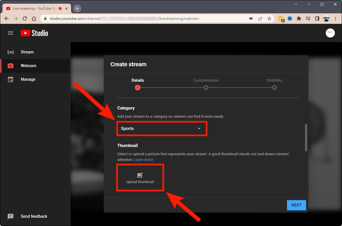 select the appropriate category and upload a custom thumbnail for your livestream