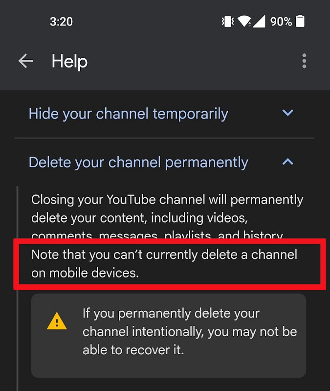status of account and channel deletion google mobile