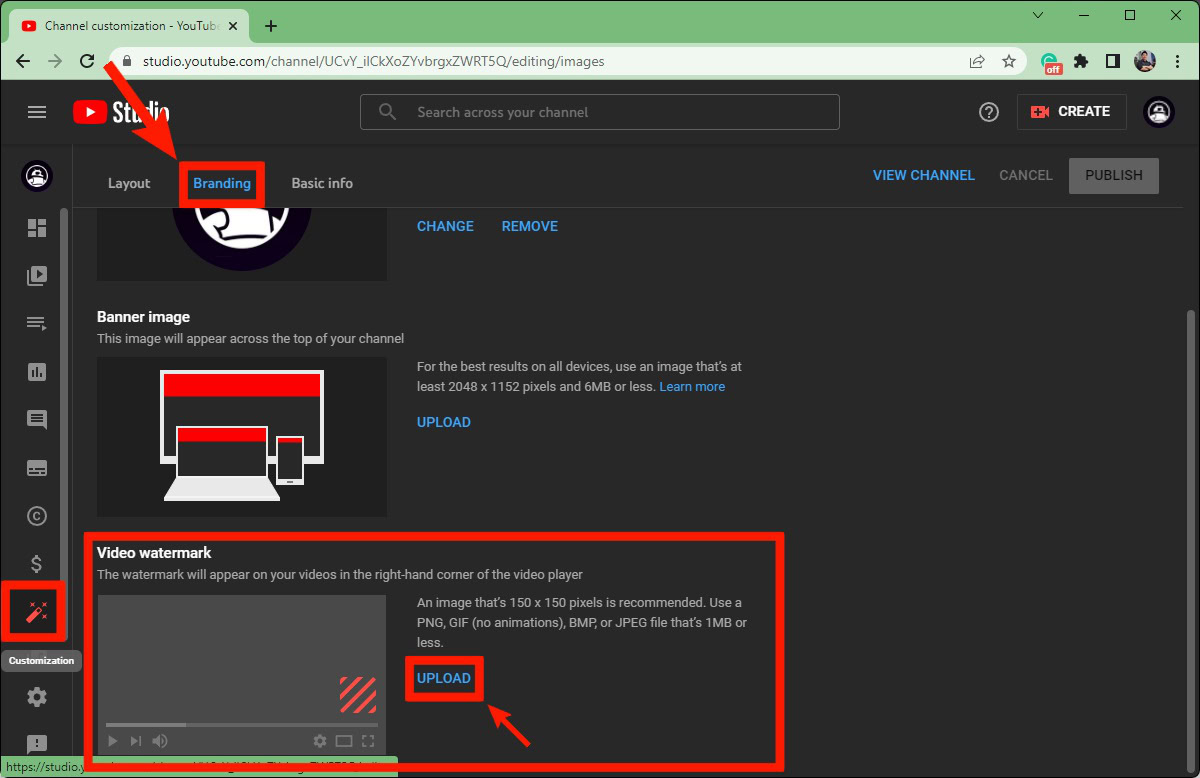 where to upload a watermark on youtube