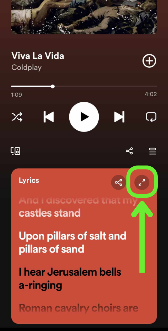 Spotify app playback tab viva la vida lyrics zoom in button