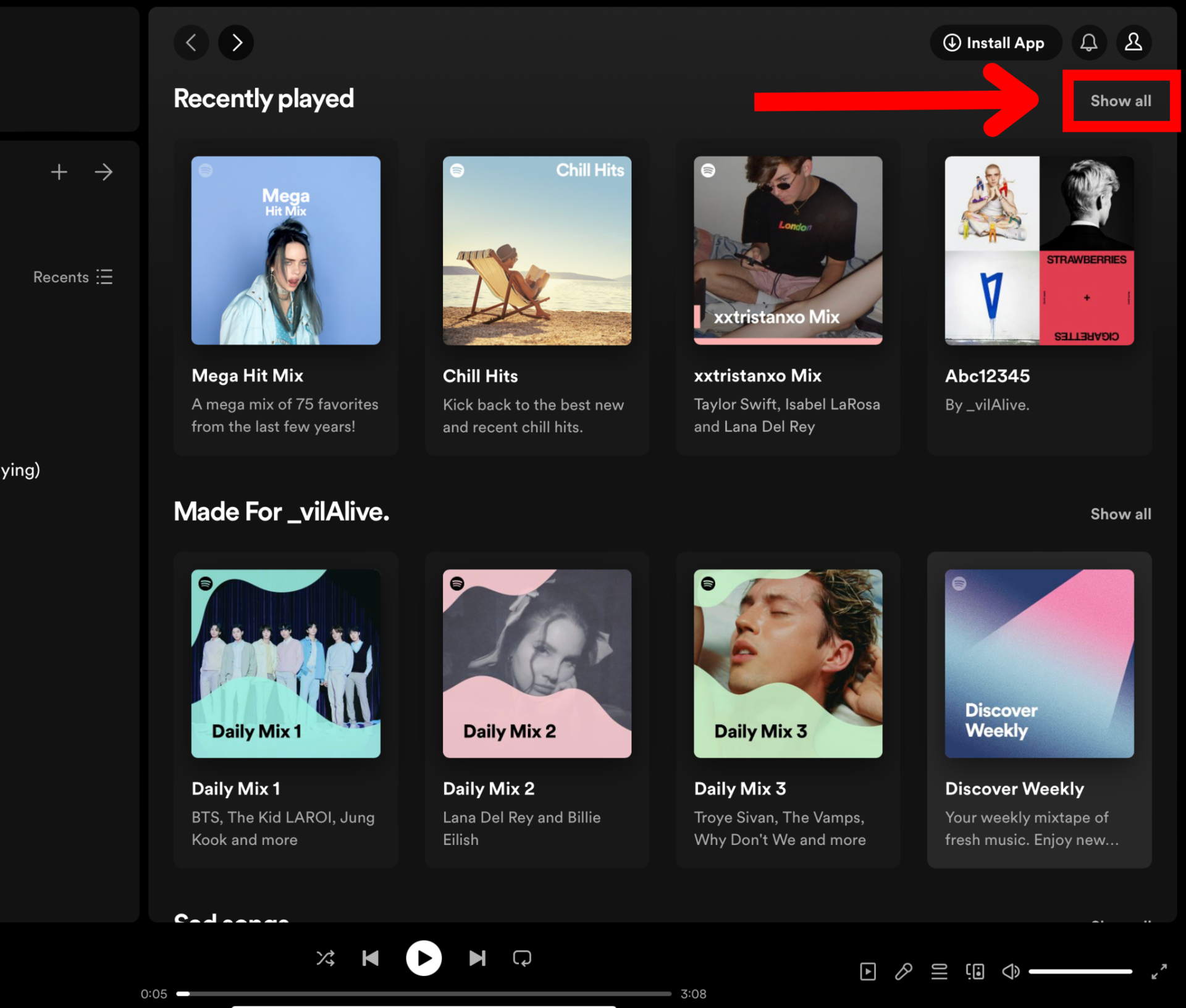 Spotify web player recently played
