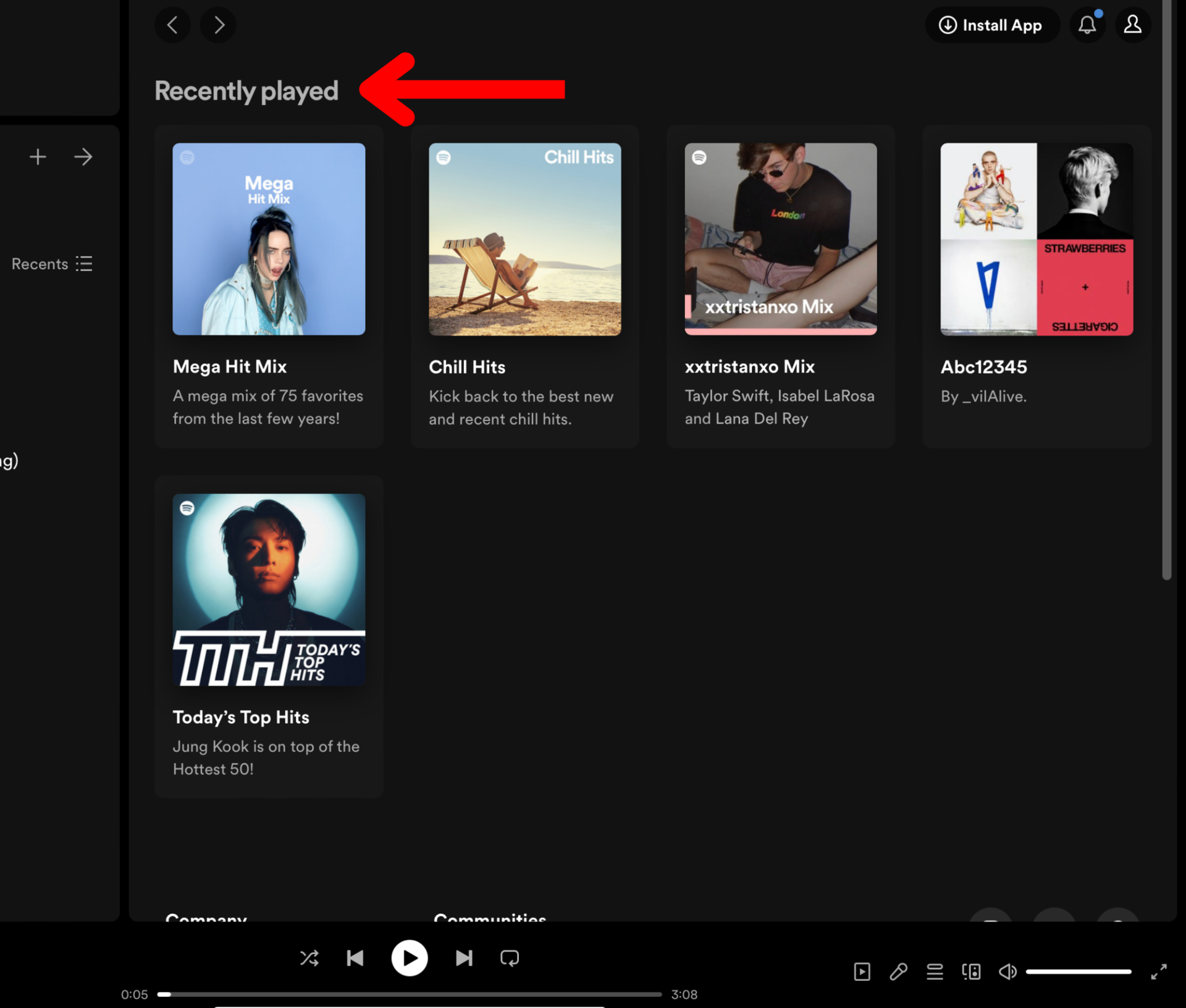 Spotify web player home screen recently played