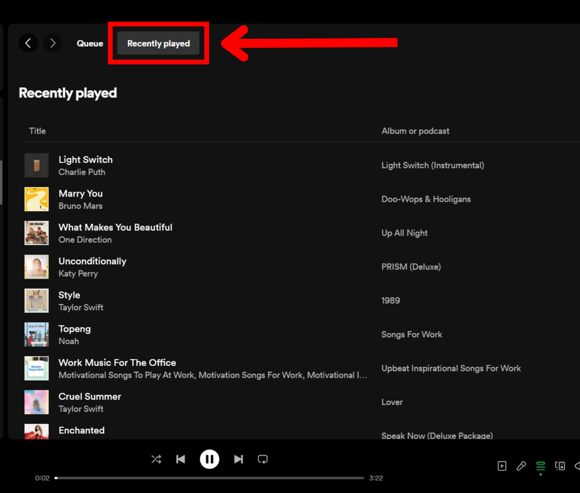 Spotify desktop app recently played