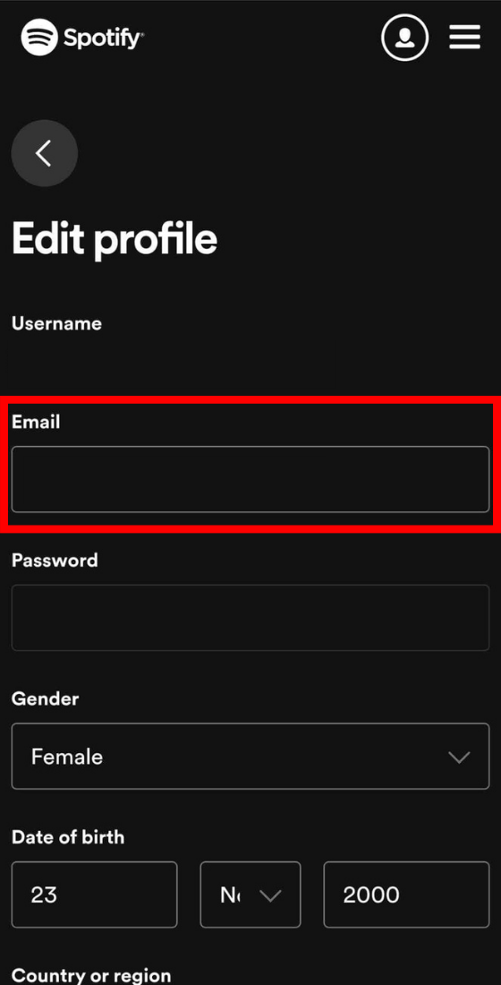 Mobile browser spotify edit profile email