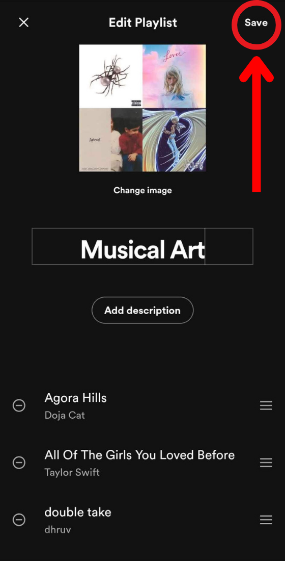 Spotify app edit playlist save button