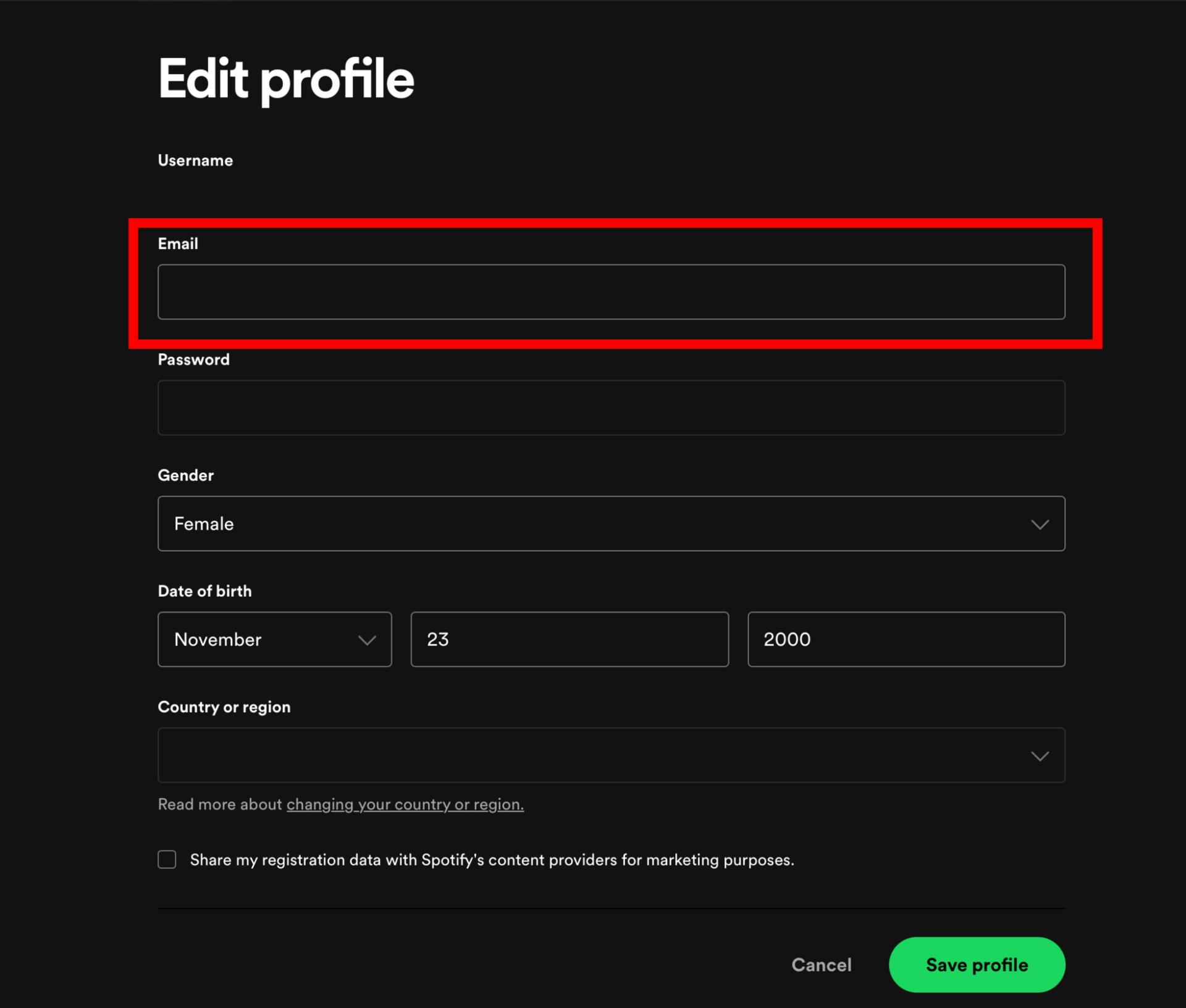Desktop spotify edit profile email
