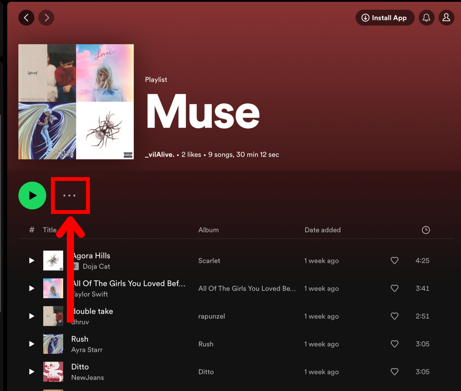 Spotify desktop playlist three dots button