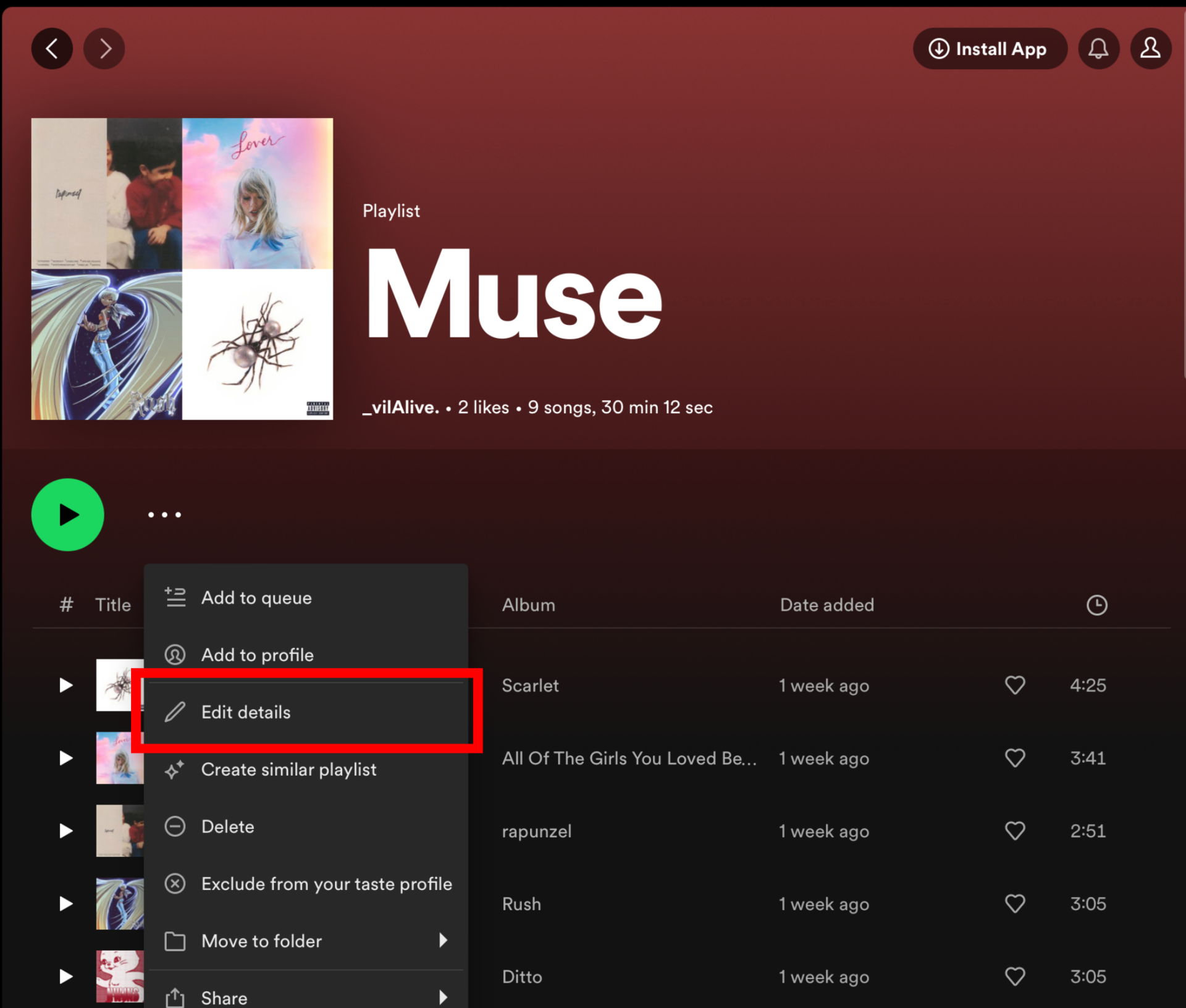 Spotify desktop playlist option menu edit details