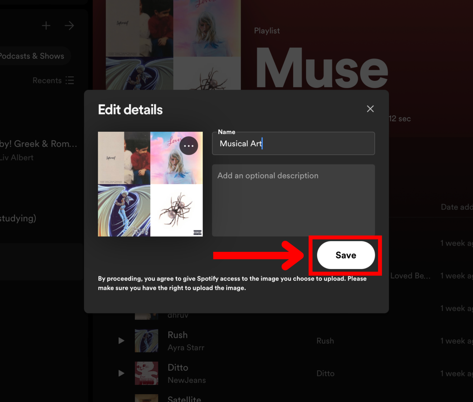 Spotify desktop playlist edit details name Save