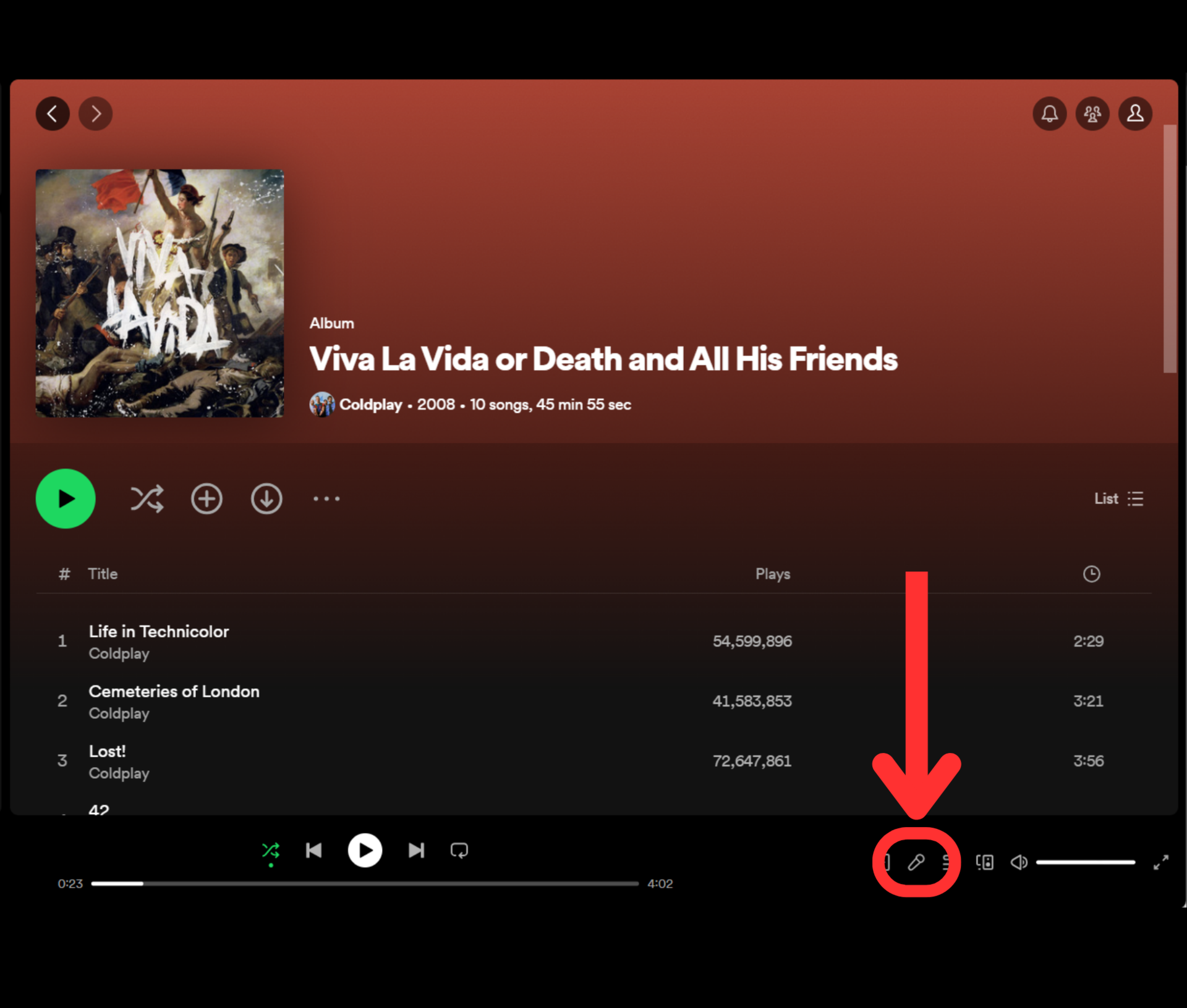 Spotify desktop app playback tab microphone icon
