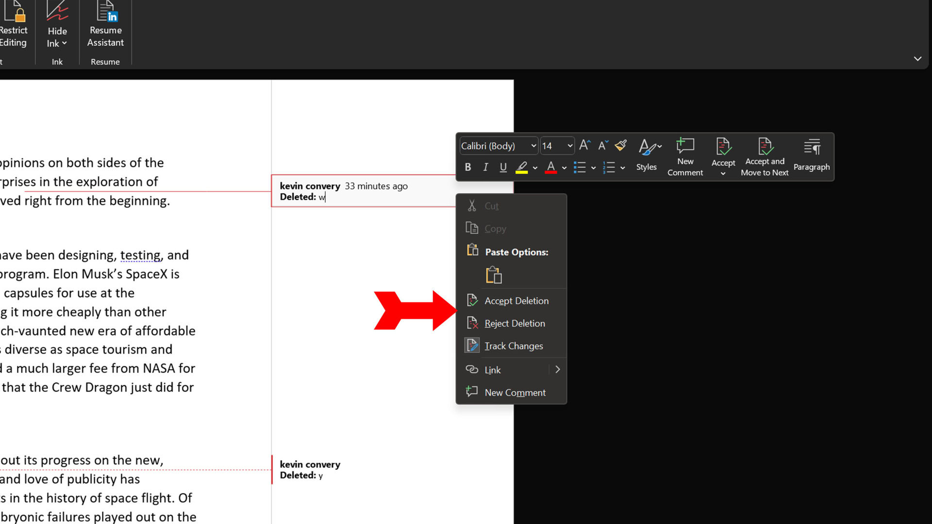 Word accept changes accept or reject revisions