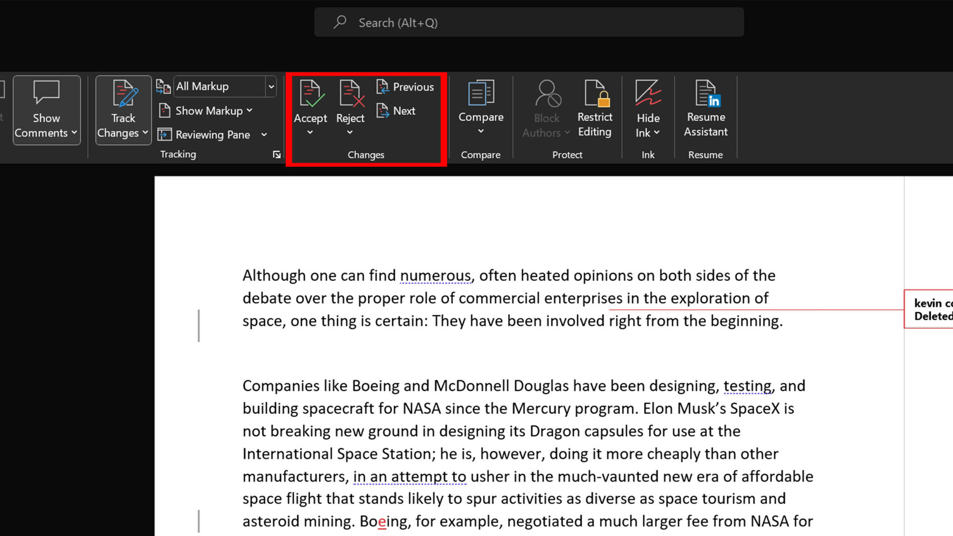 Word Track Changes Accept/Reject buttons