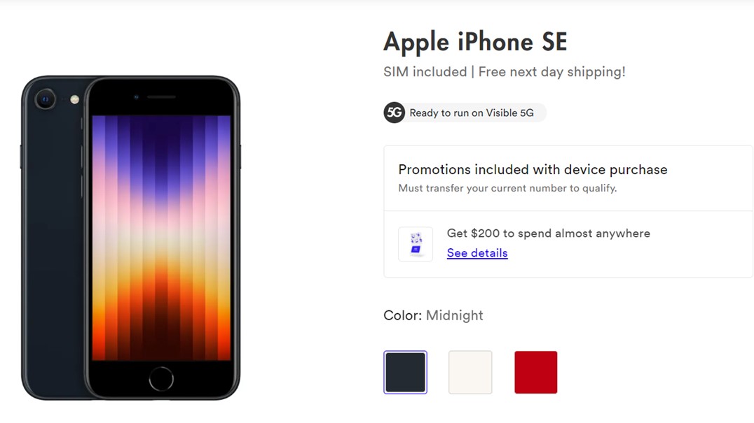 Oferta de tarjeta de regalo visible Apple iPhone SE 2022