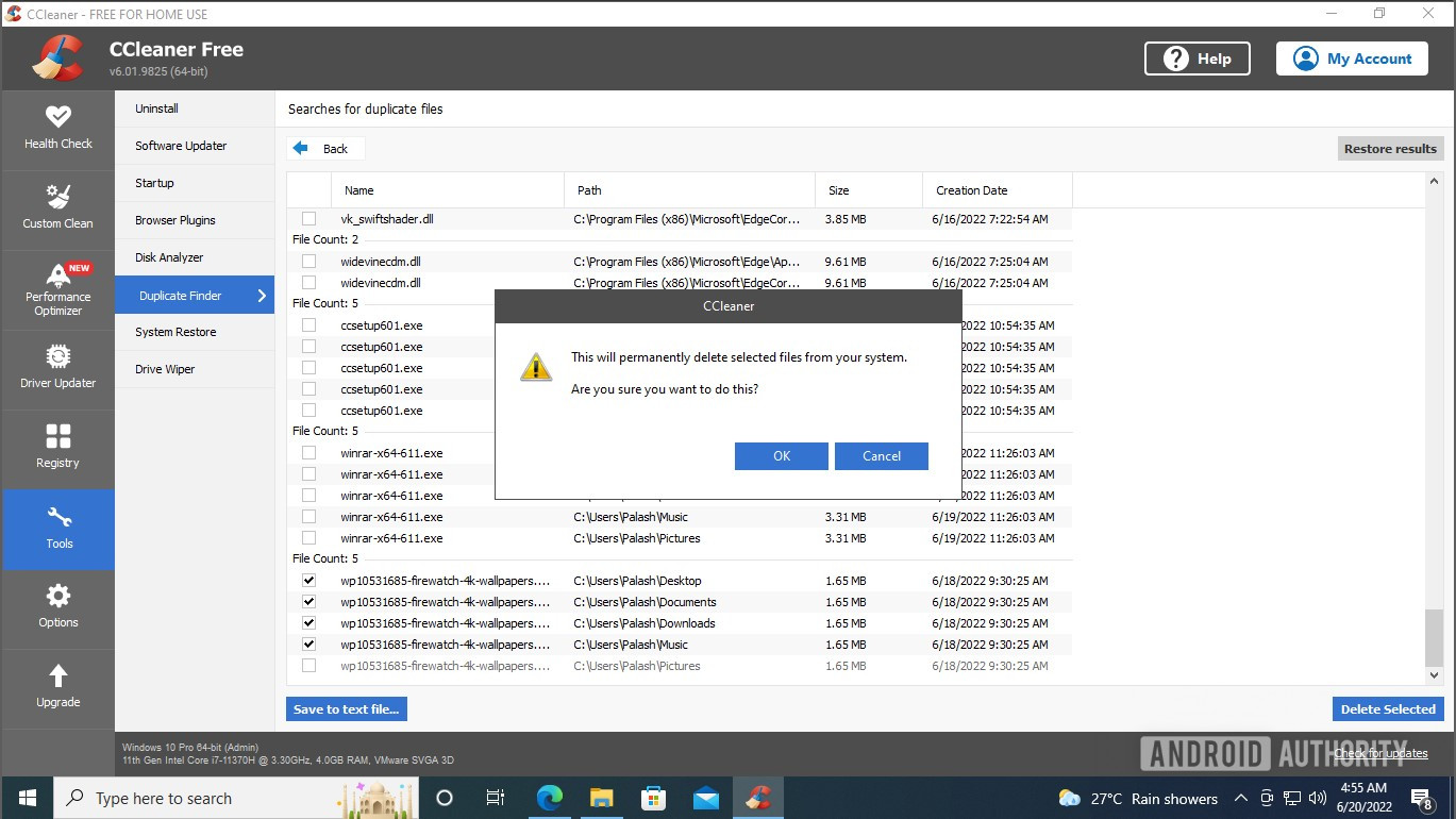 CCleaner duplicate removal confirmation