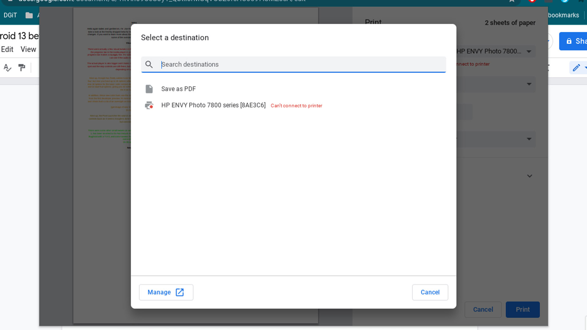 Chrome OS add a printer select a destination screen
