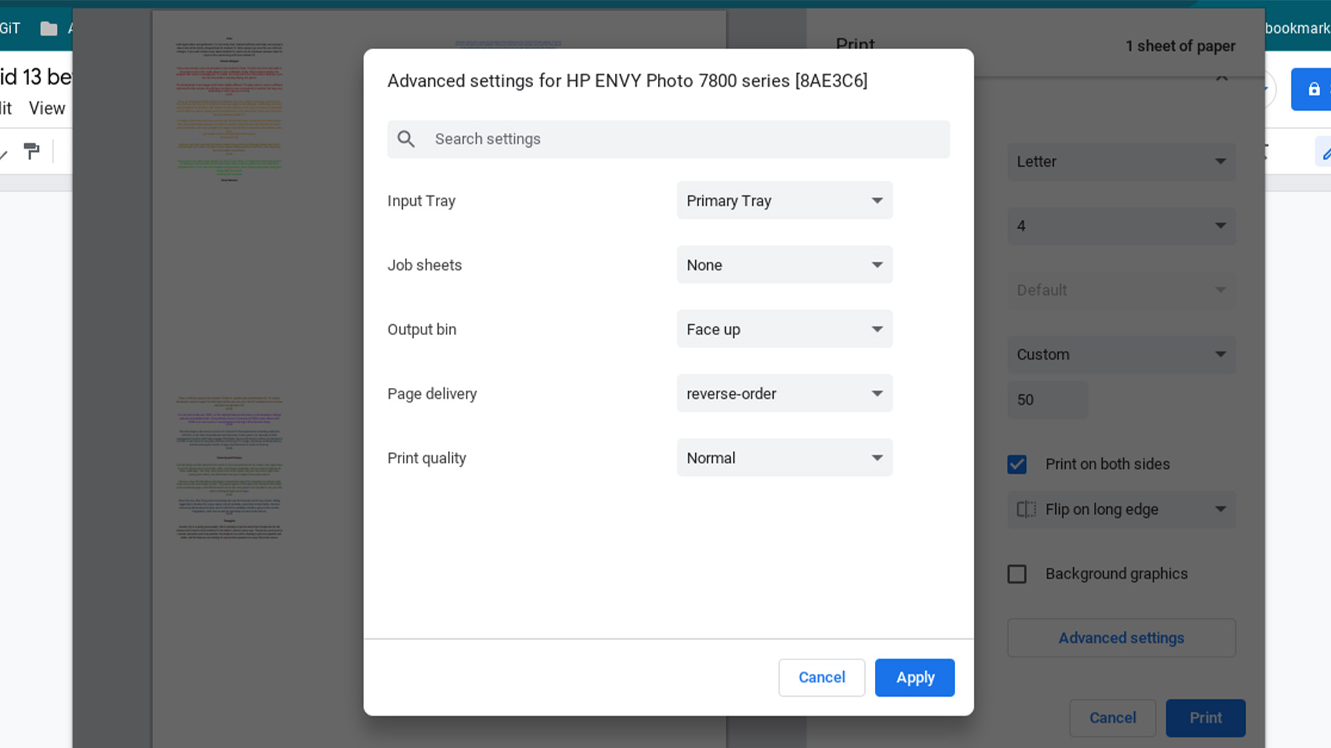 Chrome OS print advanced settings