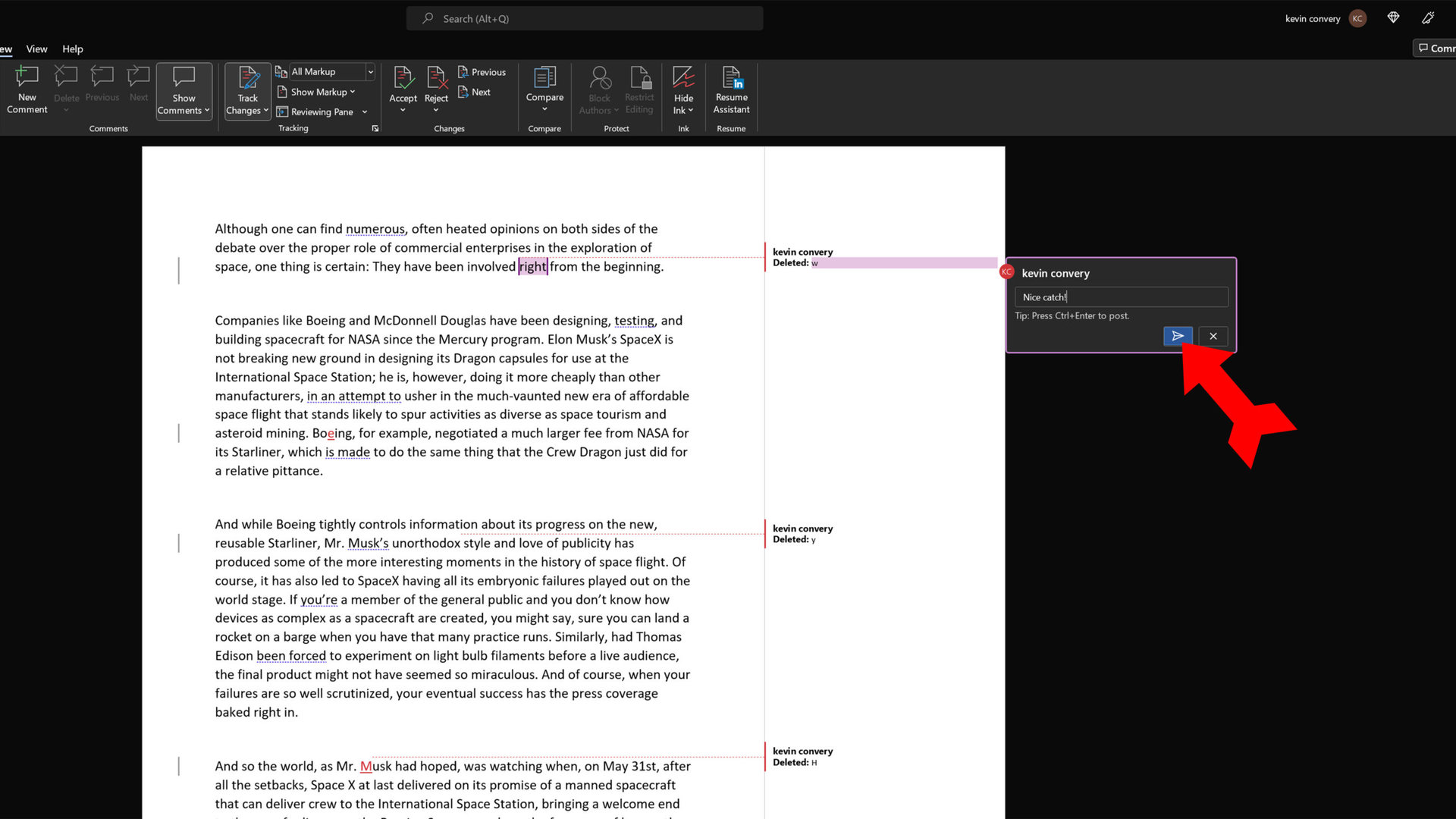 Word Track Changes make comment by right-clicking on correction