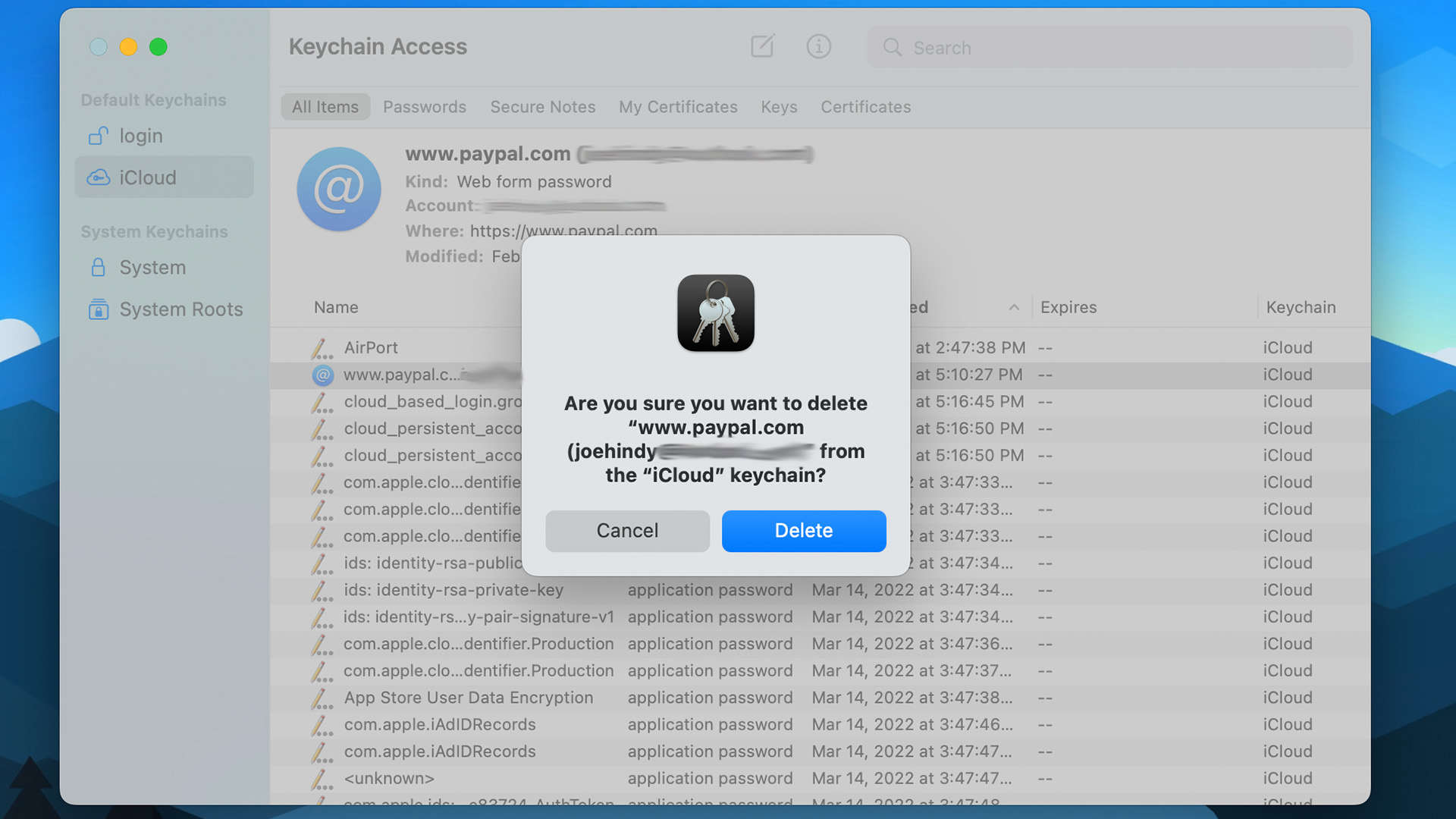 Delete a keychain in Keychain Access