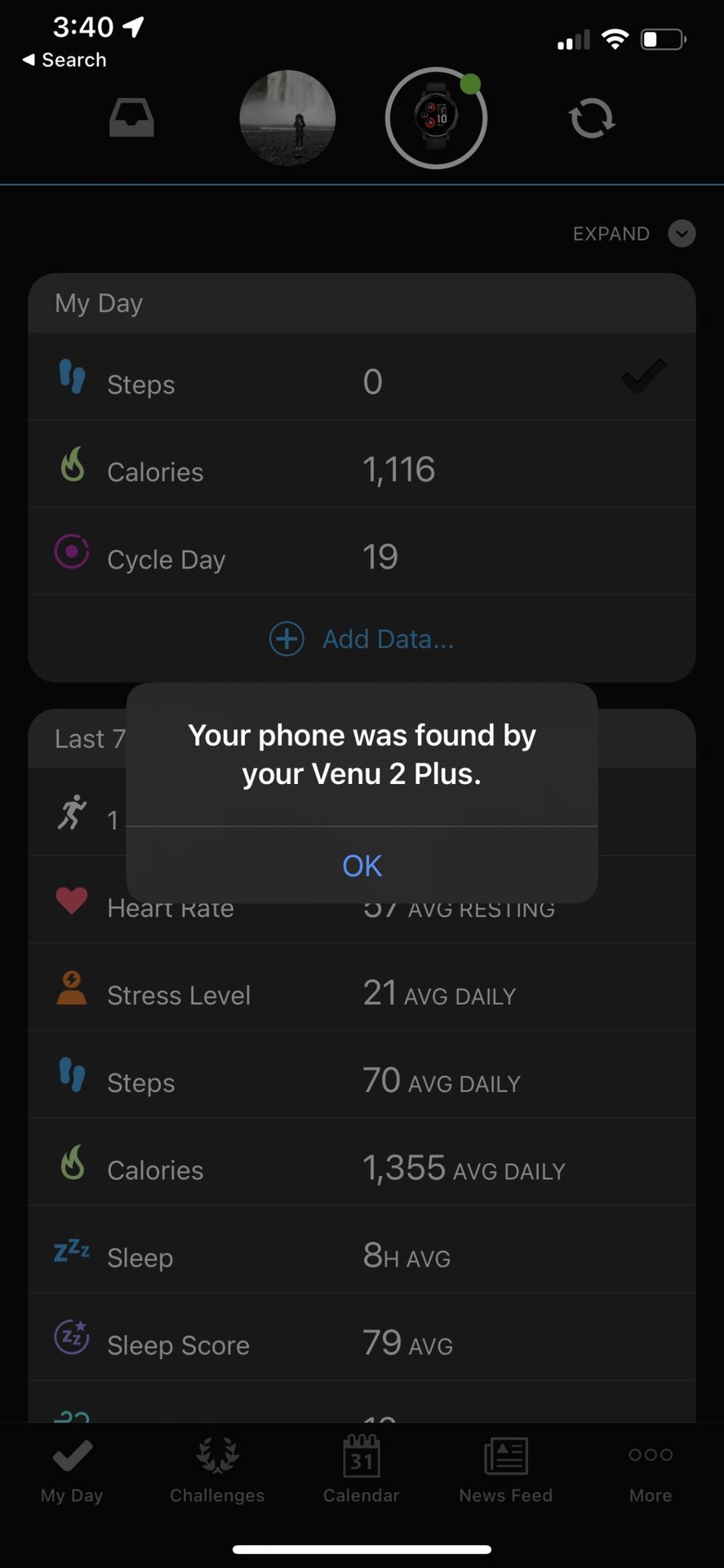 An iPhone 11 screenshot depicts a Find My Phone alert in the Garmin App.