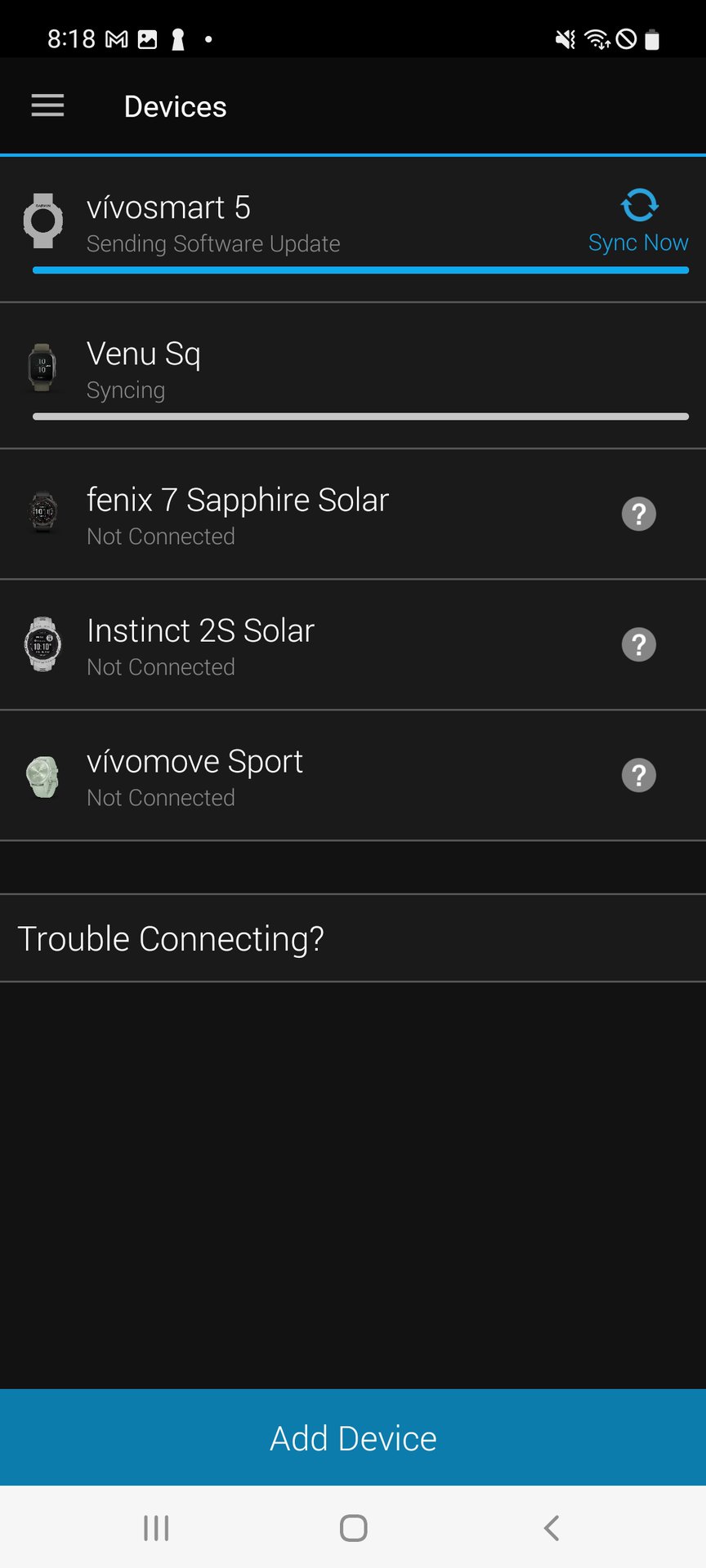 A screenshot of the Garmin Connect app displays a user's device models.