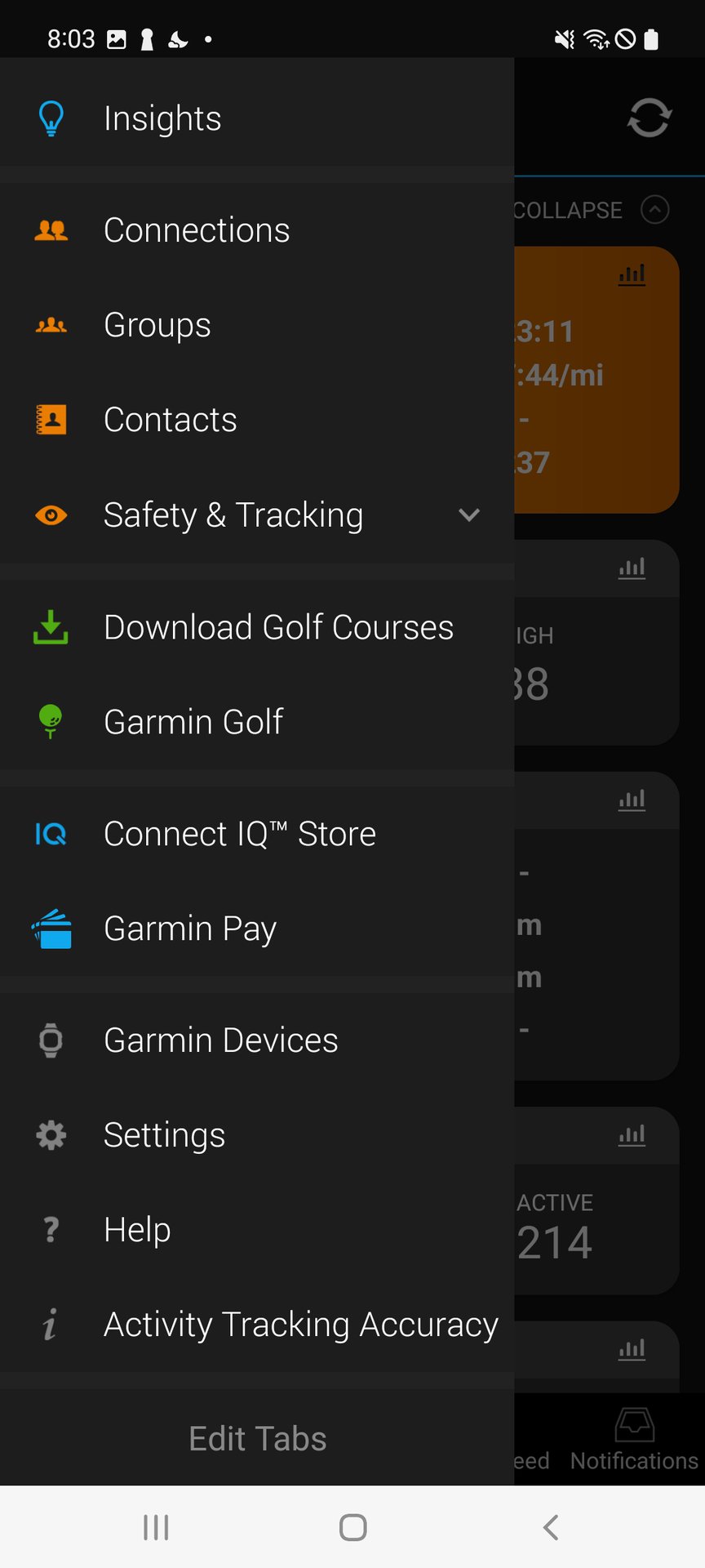 A screenshot of the Garmin Connect app displays the apps overflow menu.
