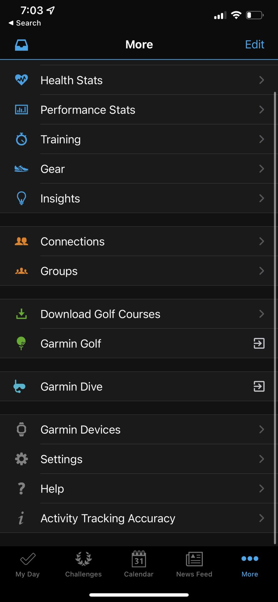 A screenshot of the Garmin Connect app depicts the main Menu.