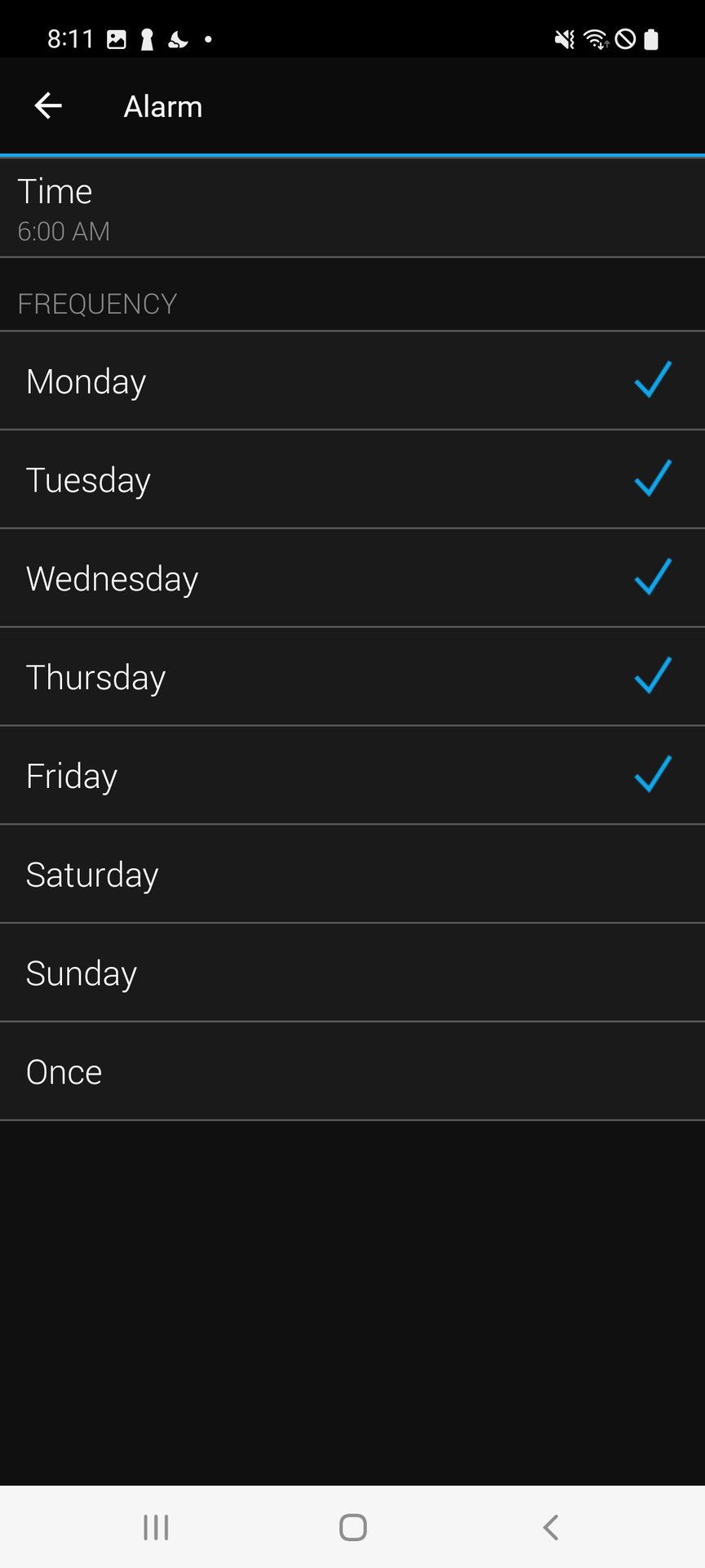A screenshot of the Garmin Connect app displays the time and frequency menu for setting an alarm.