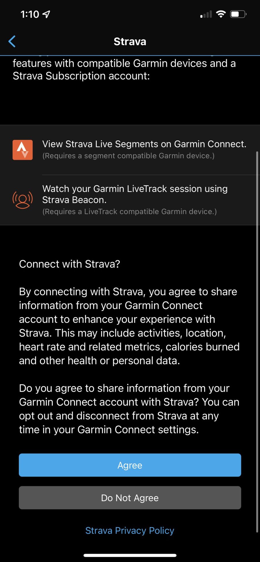 The Garmin Connect app showing the Strava Agree screen.