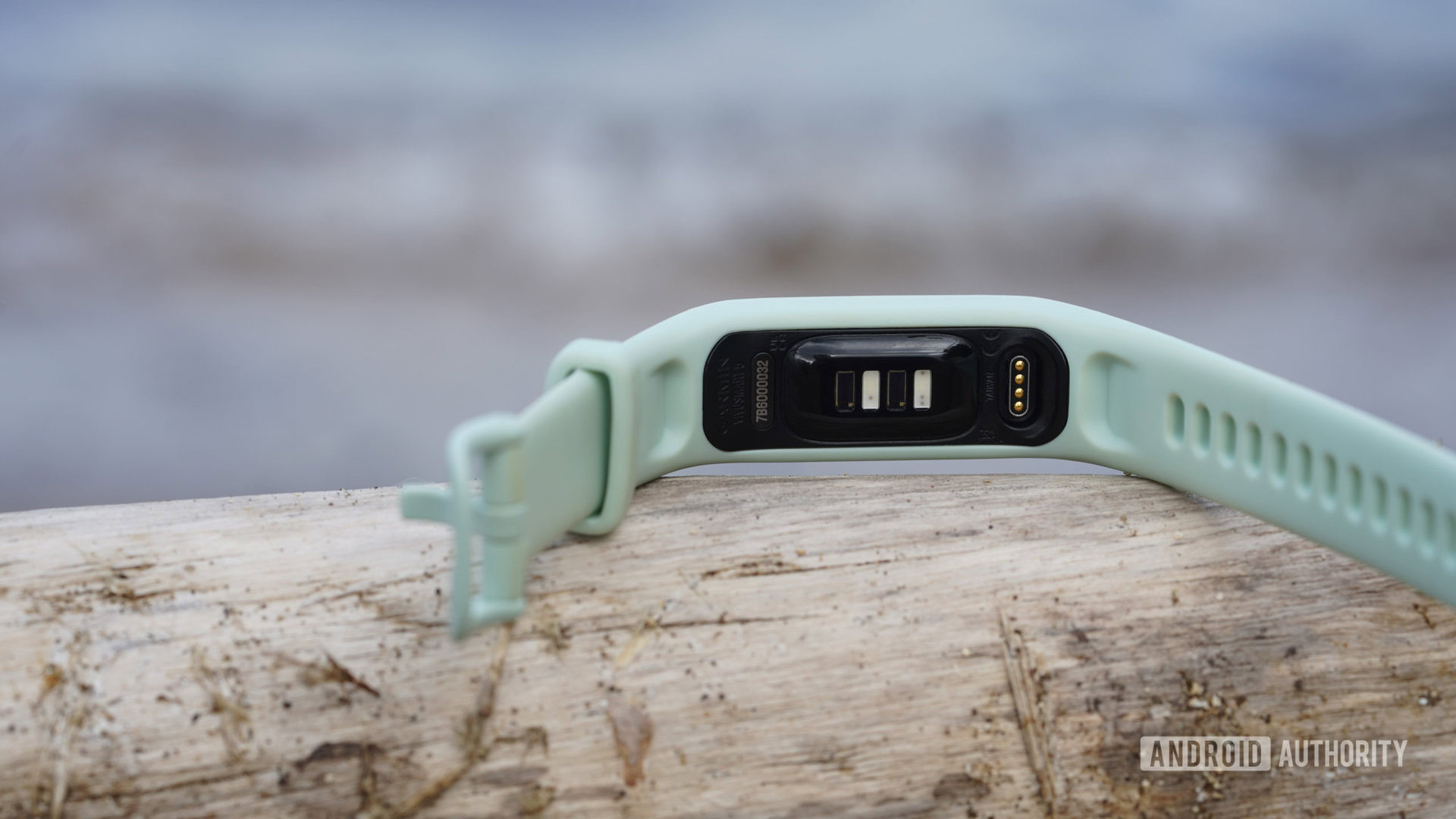 A Garmin vivosmart 5 rests about faced on a piece of driftwood, displaying the device's heart rate sensor.