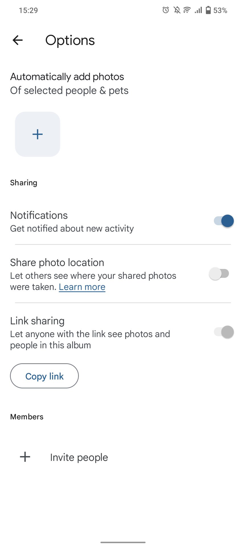 Google Photos shared album settings