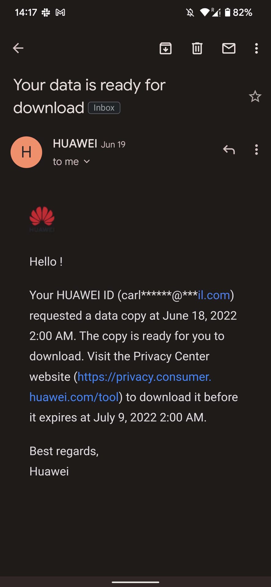 Huawei Health data copy email
